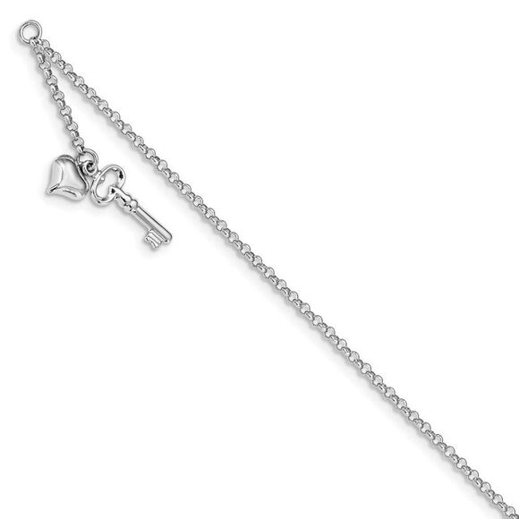 14k White Gold Puffed Heart And Key Dangle Anklet 10 Inch